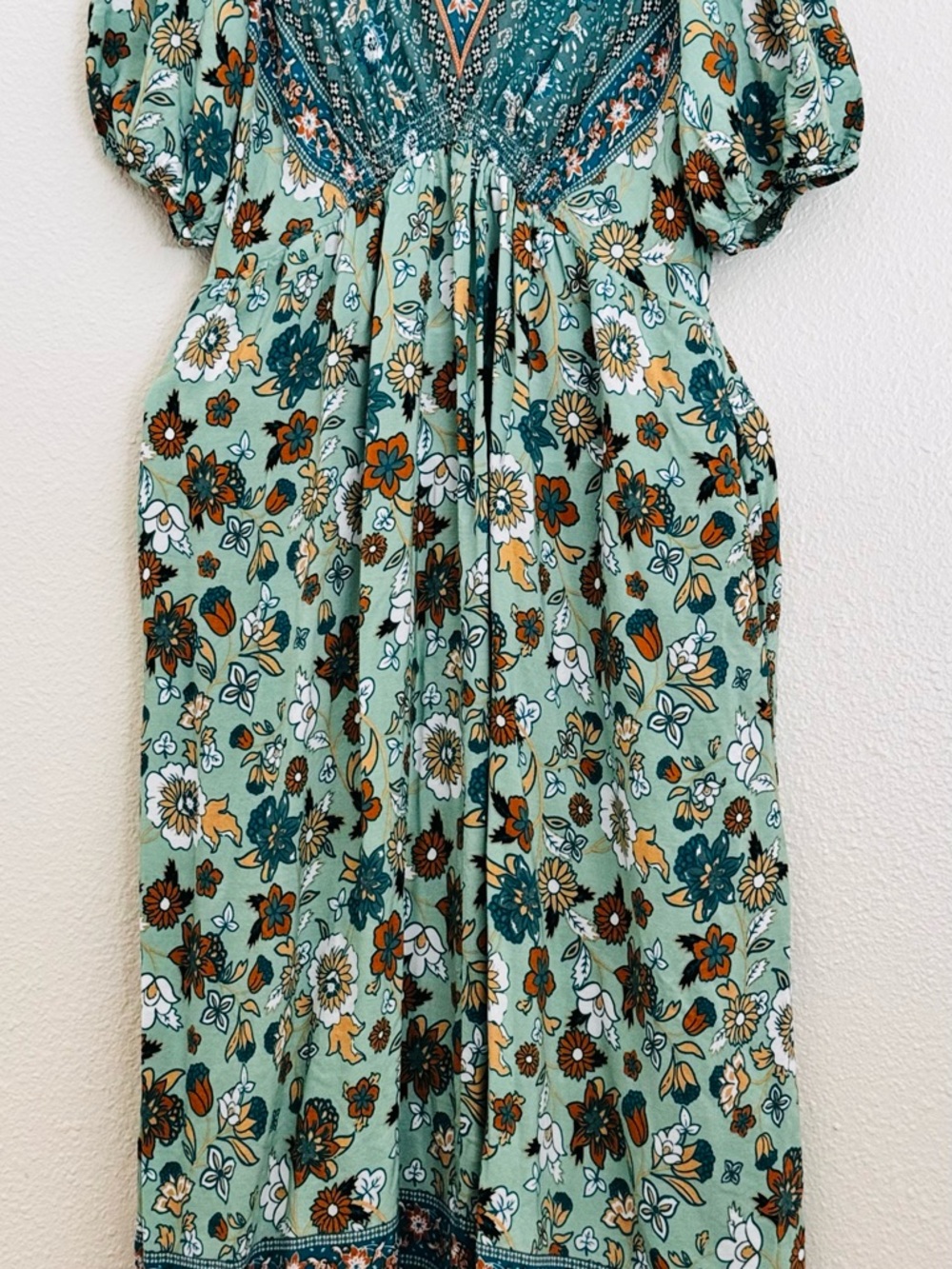 Suzanne Betro Teal Floral V-Neck Maxi with Orange Accents